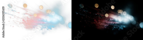 Abstract particle splash with blue and red bokeh light on transparent and black background.