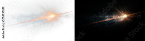 Golden lens flare with long horizontal light beams and dust on transparent dark background.