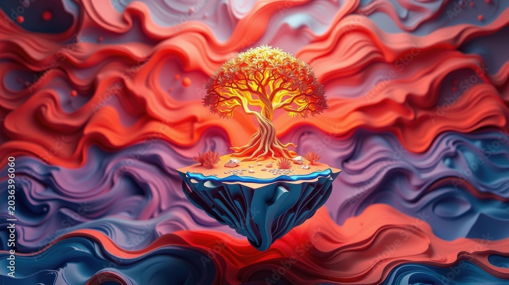 Obraz premium Floating island features vibrant tree. Swirling red, blue hues create dramatic sky. Abstract, surreal landscape evokes fantasy world.