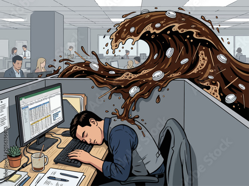 Billede på lærred A man succumbs to a coffee deluge at his desk, overwhelmed by work