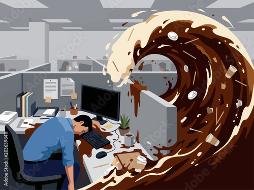 Фотография A man succumbs to a chaotic coffee deluge in an office! Dramatic, messy, and humorous illustration depicting workplace overwhelm