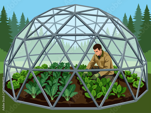Obraz na plátně A man tends to seedlings in a geodesic survival greenhouse