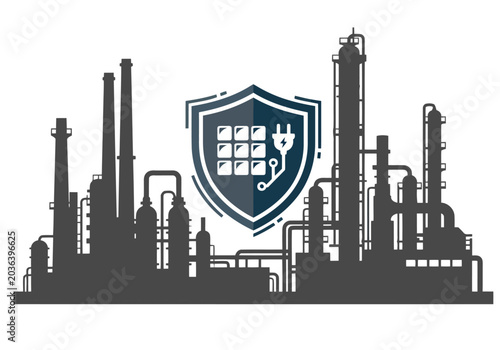 Foto Silhouetted lithium refinery complex protected by a shield, symbolizing sustainable energy