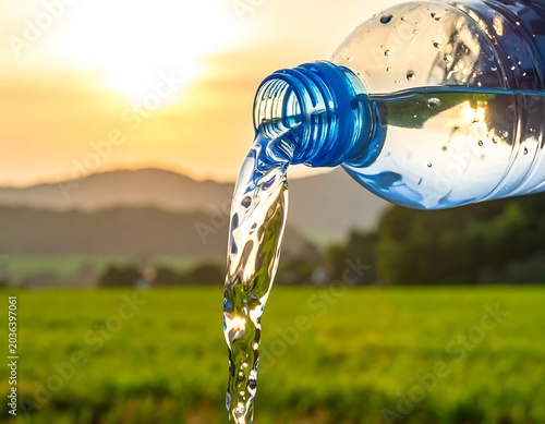 Water pouring from plastic bottle outdoors.