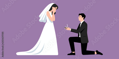 Obraz na płótnie Cartoon flat style drawing man kneeling holding engagement ring proposing woman marry him marriage with wedding dress, man proposing to woman romantic moment silhouette