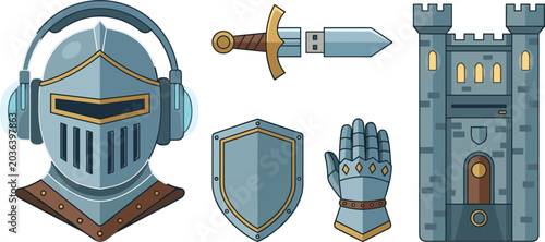 Bild auf Leinwand Medieval Knight Armor and Modern Technology Vector Set with Cyber Security Sword