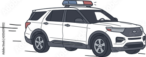 Fotografie Police SUV Cruiser Vehicle with Emergency Roof Light Bar Sirens Speeding to Emer