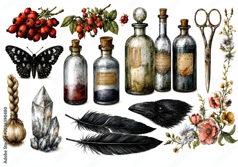 Fototapeta premium Raven feathers with vintage glass bottles, crystal and butterfly collection on white background, perfect for scrapbook art, gothic branding