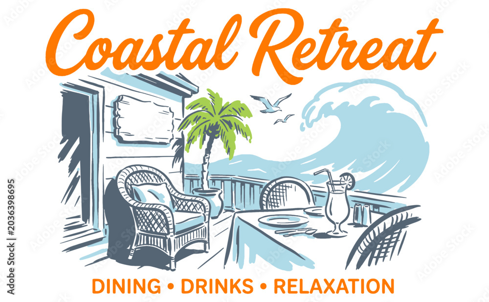 Fototapeta premium Coastal Retreat. Beach club. Endless summer artwork. Tropical vintage design. Surfing club artwork. Summer vibes artwork. Ocean wave artwork.