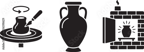 Tableau sur toile Pottery Making Process Silhouette Icon Set with Kiln Oven and Vase