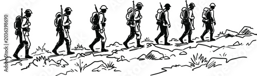 Slika na platnu World War Infantry Soldiers Marching in Line Over Mountain Pass with Smoke and B