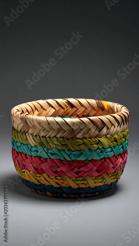 Colorful woven basket on gray background.