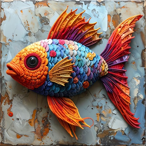 Colorful mosaic fish on grunge background.