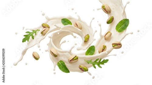 Swirling cream with pistachios and leaves on white background