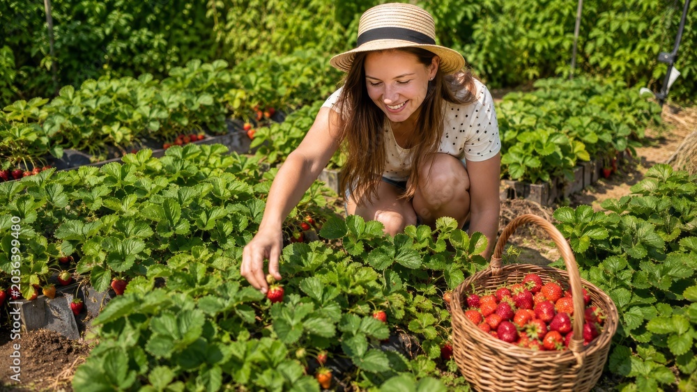 Fototapeta premium Woman picking strawberries in sunny summer garden