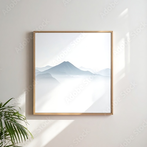 Framed mountain landscape art in interior.