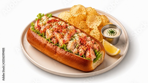 Gourmet lobster roll with fresh claw meat in toasted brioche bun premium isometric 3d illustration isolated on white background for seafood menu