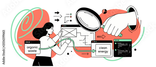 Foto Biomass waste to energy illustration showing a woman converting organic waste to