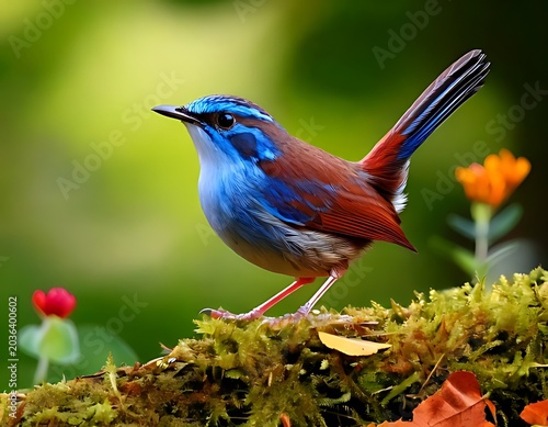 Vibrant bird on mossy branch
