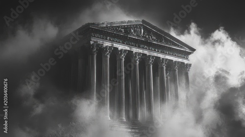 Grand, classical building veiled in mist, showcasing architectural detail in monochrome