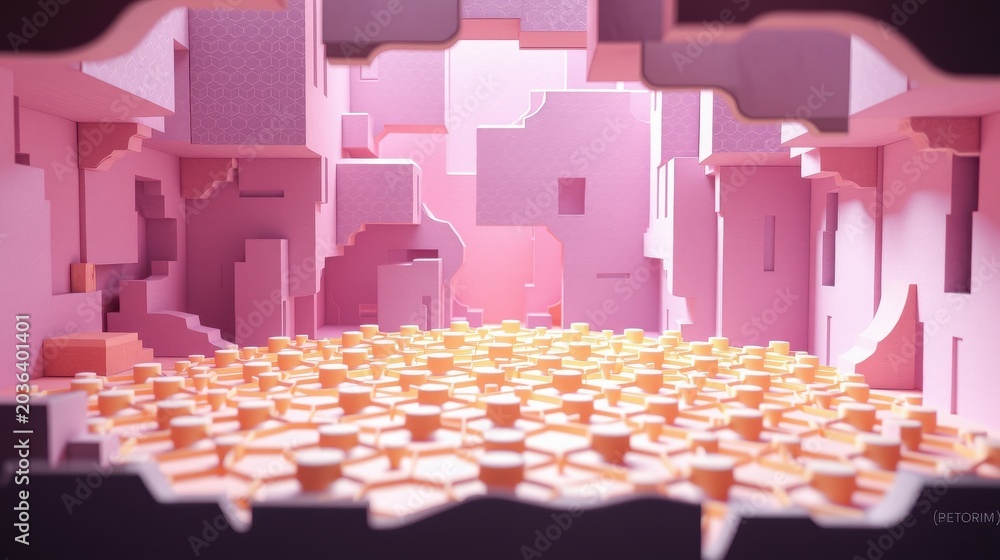 Obraz premium Abstract pink cityscape. Blocky structures, geometric shapes, many small cubes forming base. Minimalist design, soft lighting, digital art.