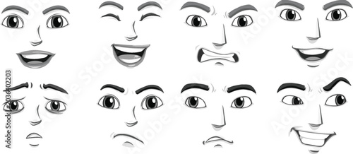 Schilderij op canvas A set of eight distinct facial expressions and emotions depicted as line art illustrations on a white background