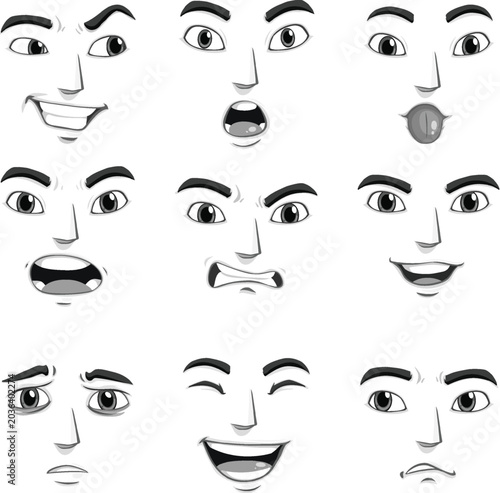 A set of nine distinct facial expressions illustrating a range of human emotions from joy to anger and surprise.Collection of Diverse Human Face Expressions Showing Various Emotions and Moods