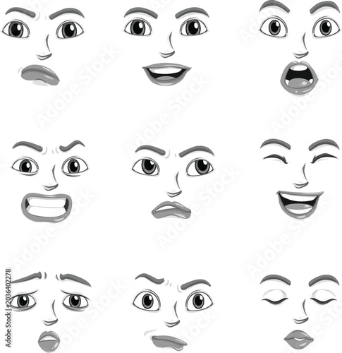 A set of nine distinct human face illustrations showcasing a range of emotions and expressions in a clean, graphic style.
