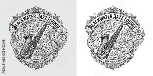 Tableau sur toile Detailed Saxophone Logo Emblem For Blackwater Jazz Lounge