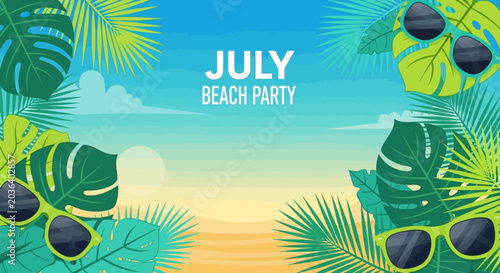Foto July Beach Party Tropical Summer Background with Palm Leaves and Sunglasses