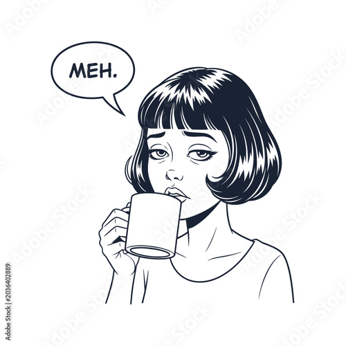 Obraz na plátne Woman drinking coffee with a bored expression and saying MEH.