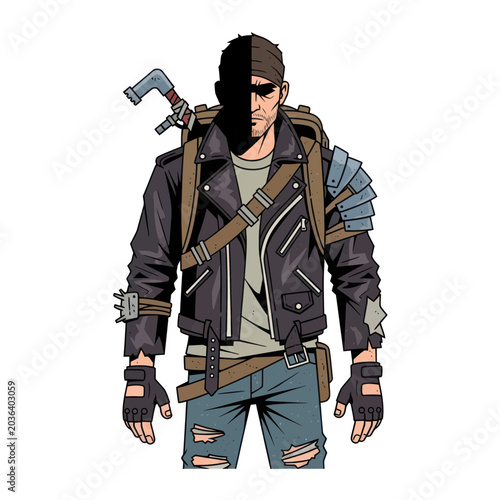 Tablou pe pânză Post-Apocalyptic Survivor Man with Backpack and Weapon, Tough Biker Style