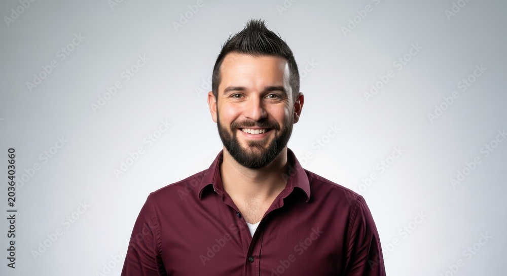 Obraz premium Portrait of a Confident Smiling Young Man with a Beard and Stylish Mohawk Haircut in a Maroon Shirt