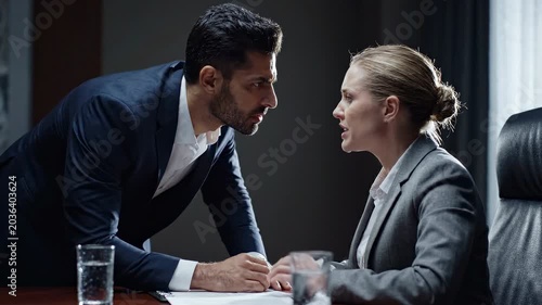Business conflict argument office meeting stress crisis manager employee negotiation, angry manager confronts employee tense workplace discussion, corporate meeting room confrontation during