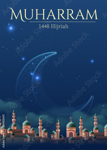 Islamic New Year Poster with Crescent Moon, Mosque Skyline, and Peaceful Night Sky Illustration. Muharram 1448 Hijriyah 