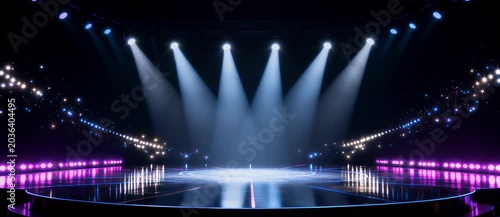 Brightly lit stage with spotlights and a reflective floor, creating a vibrant atmosphere for a performance or event