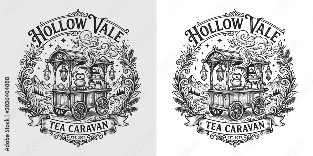 Fototapeta premium Hollow Vale Tea Caravan Mountain Landscape Emblem