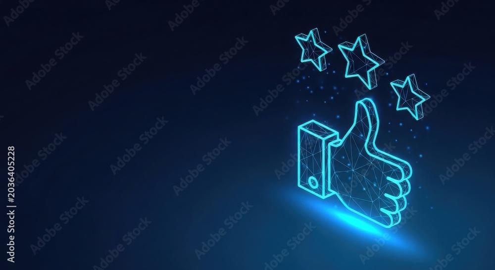 Fototapeta premium Digital Thumbs Up Icon with Stars Representing Customer Feedback and Online Approval