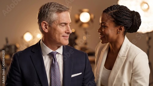 Business professional conversation teamwork colleague office corporate partnership businessman businesswoman meeting modern office studio, warm lighting, discussing project, suit tie, negotiation