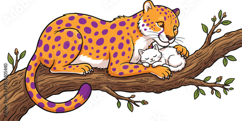 Foto A cheetah tenderly snuggles its adorable cubs on a tree branch with leaves