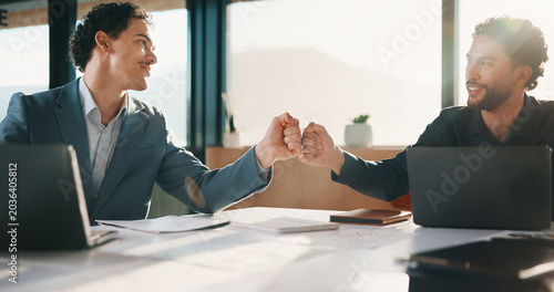 Canvastavla Team, fist bump and business men in office with partnership for finance review or budget deal
