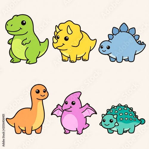 Cute Chubby Dinosaur Cartoon Icon Set in Kawaii Style