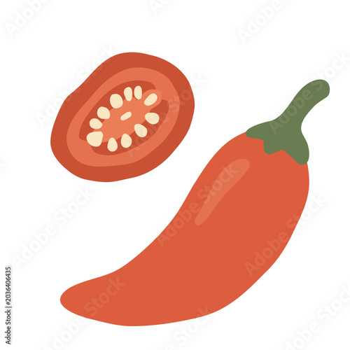 Red chili pepper illustration with sliced spicy vegetable isolated on white background, perfect for cooking blogs, recipe graphics