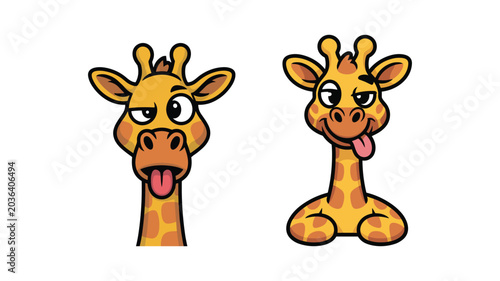 Fotografía Two cartoon giraffes, one sticking tongue out with lazy expression, other with goofy smile and tongue out