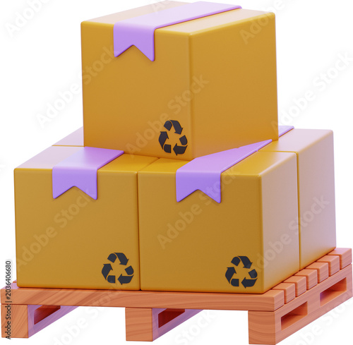 Package Box 3D icon. multiple cardboard boxes stacked on a wooden pallet. used for bulk storage and freight loading in warehouse. logistics and supply chain management element