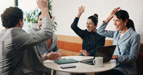 Konstfotografi Business, team or excited with celebration in meeting for pitch success, diligence request or pride