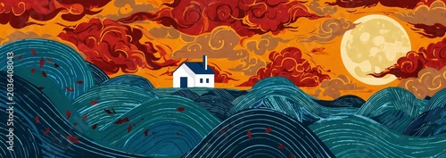 Lonely Cottage Between Waves Under Full Moon