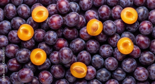 A dense arrangement of dark purple plums and their golden-yellow pits are scattered across a black background. The plums are round and glossy, showcasing their rich color and texture.