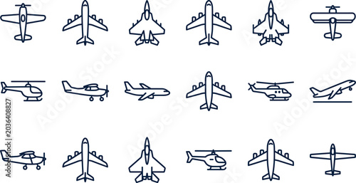 Tableau sur toile Airplane and helicopter aviation line icon set with passenger plane jet fighter