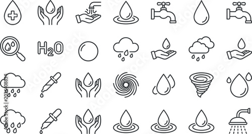 Water drop line icon set with rain cloud faucet hands washing shower pipette tornado swirl H2O medical care and liquid eco conservation symbols